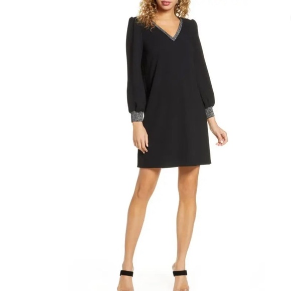New SAM EDELMAN Black Long Sleeve V-Neck Metallic Trim Shift Dress Size 4 NWT - Picture 1 of 8